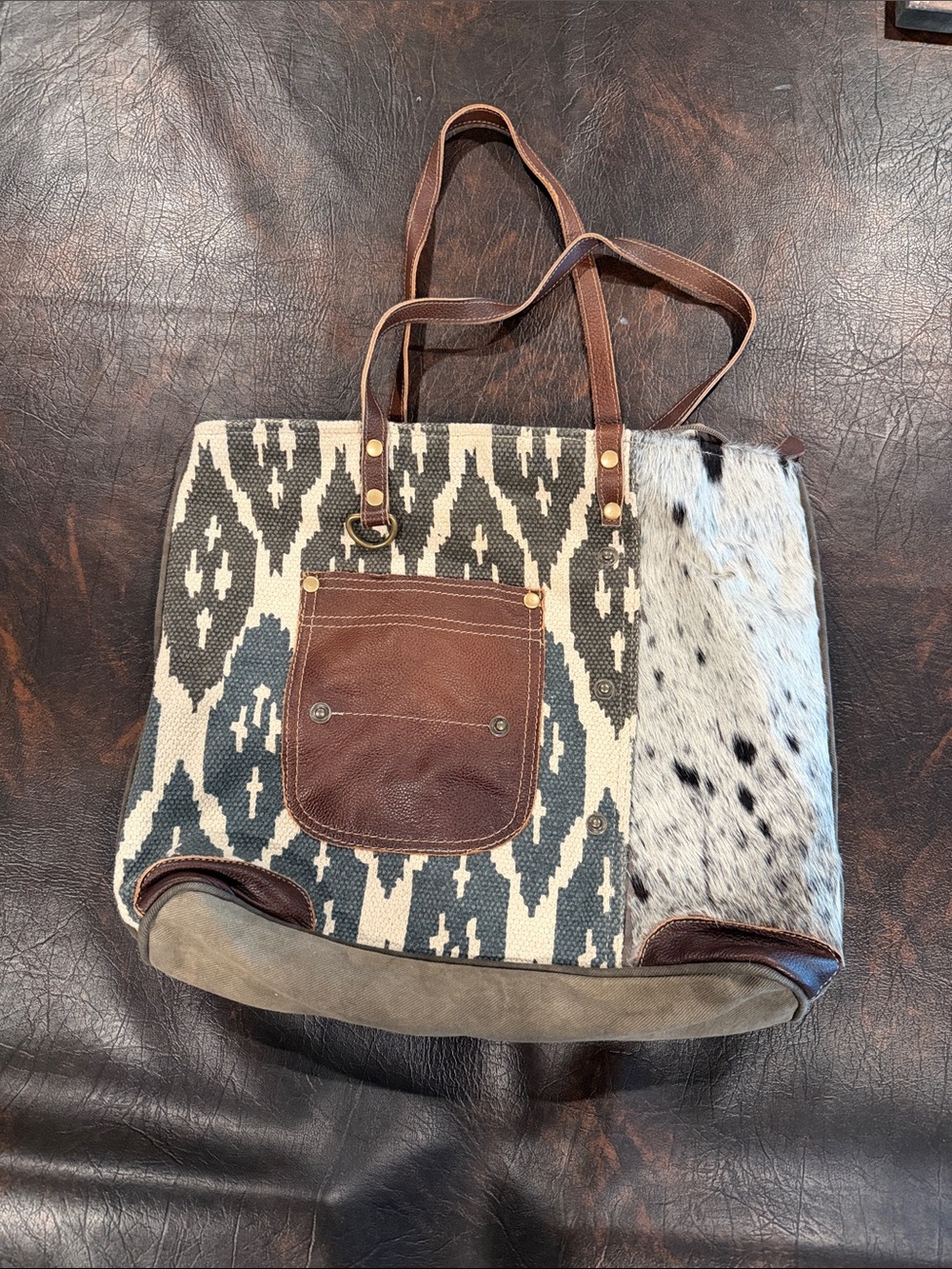 Country Black & White Woven Tote with Brown Leather Accents